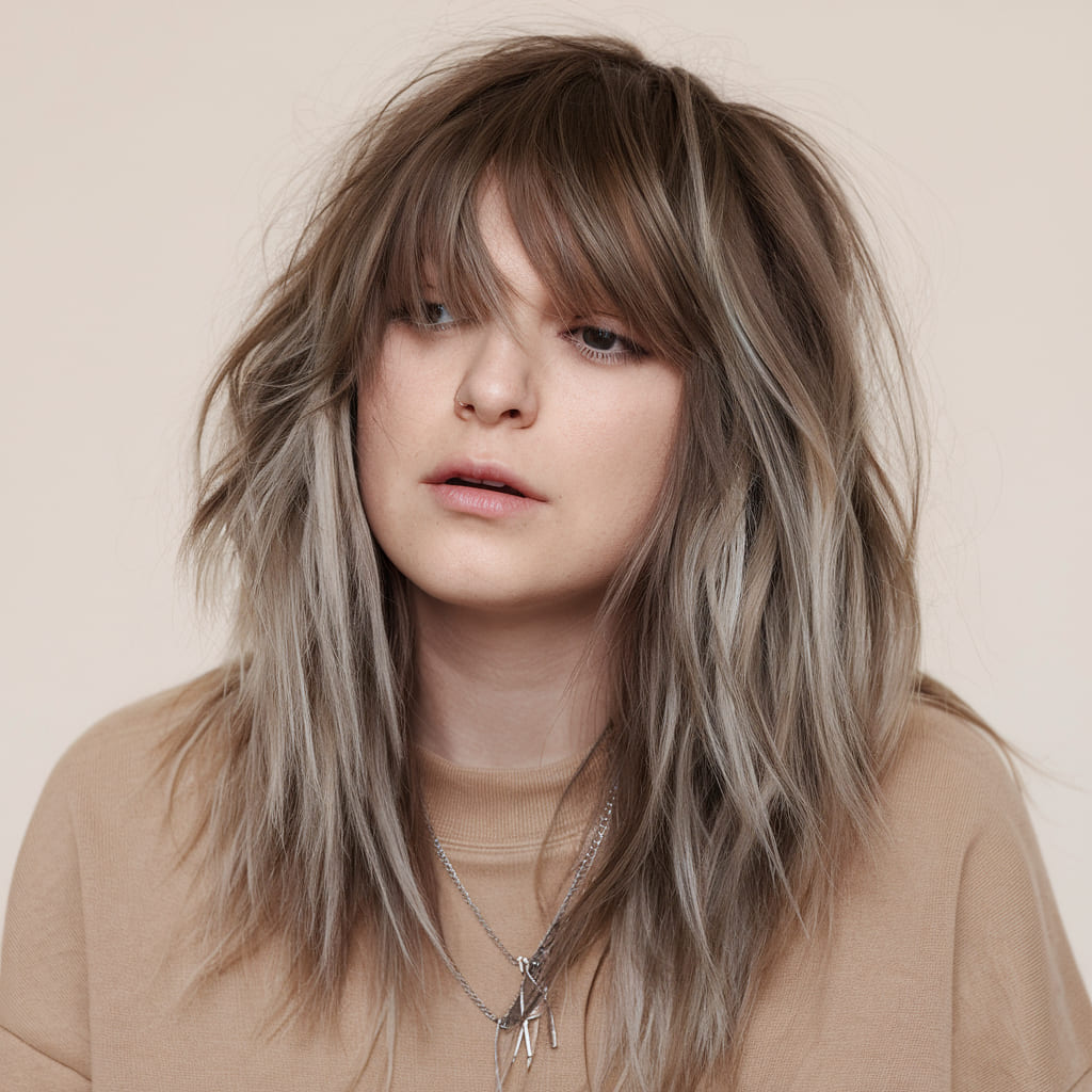 Long Choppy Layers with Blunt Bangs