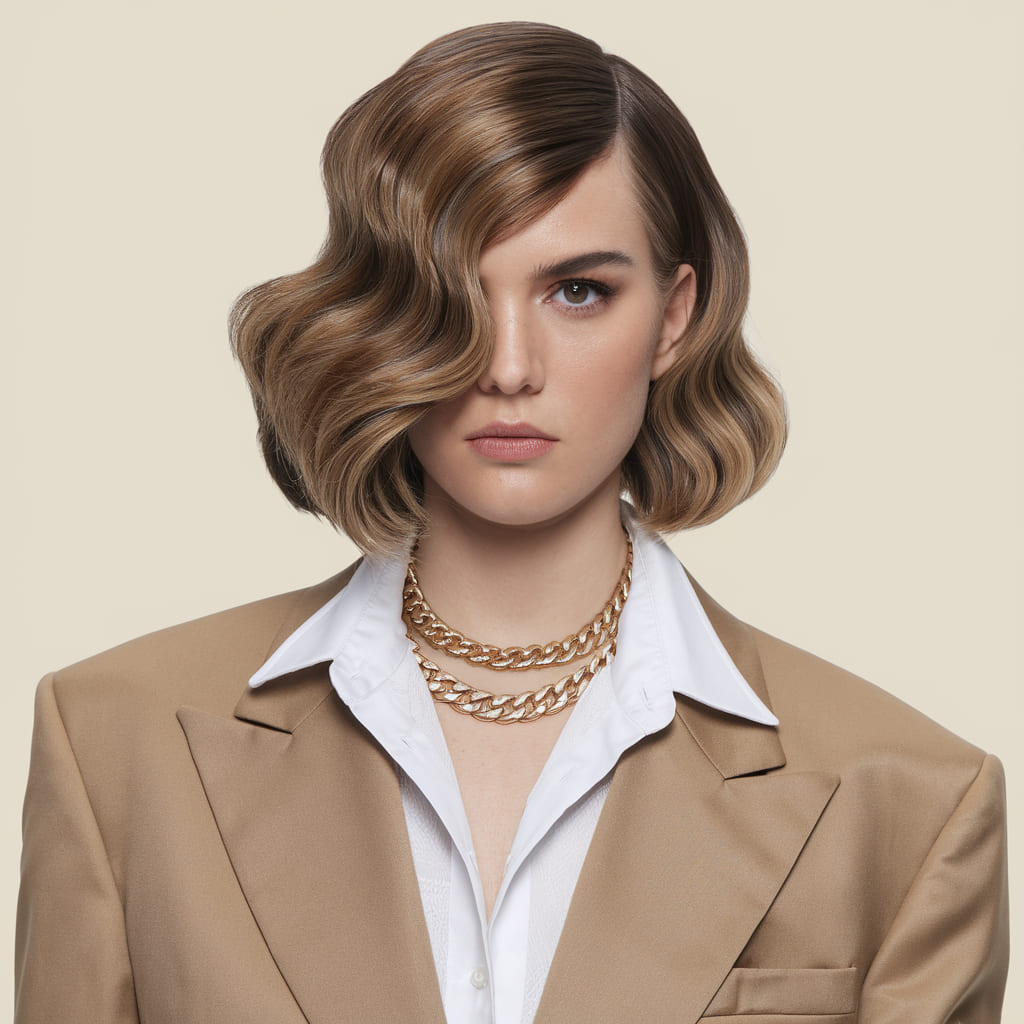 Sleek Wavy Bob with Deep Side Part