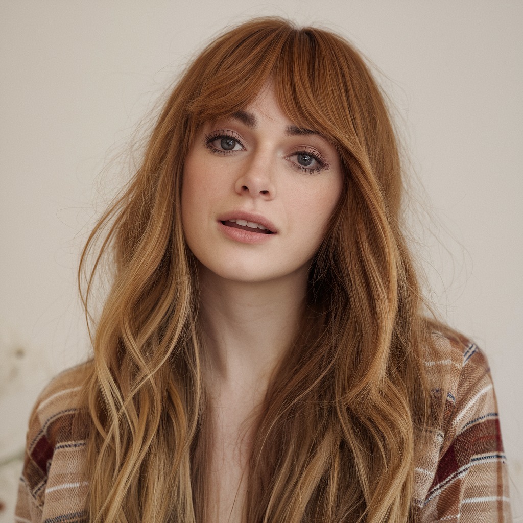 Blunt Bangs with Cinnamon-Toned Beach Waves