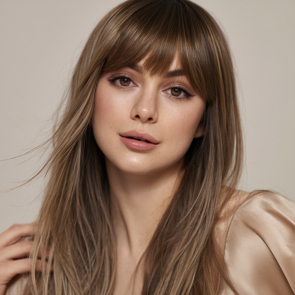 Blunt Bangs with Mocha Brown Sleek Layers