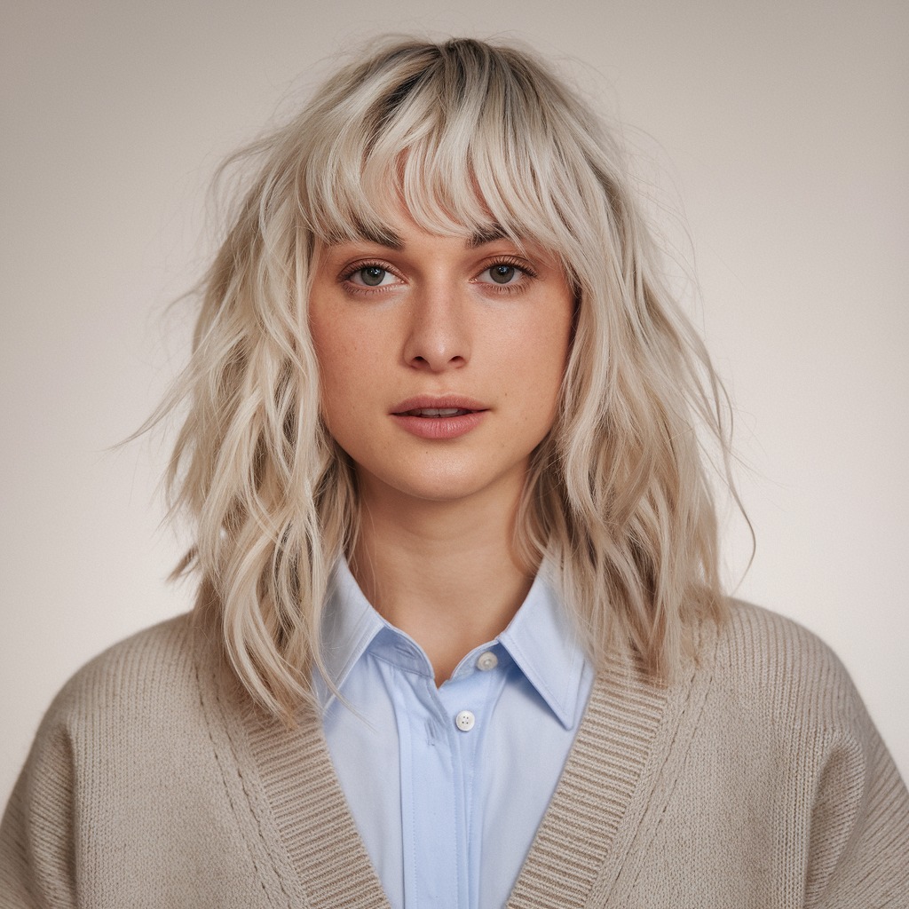 Blunt Bangs with Platinum Blonde Layers