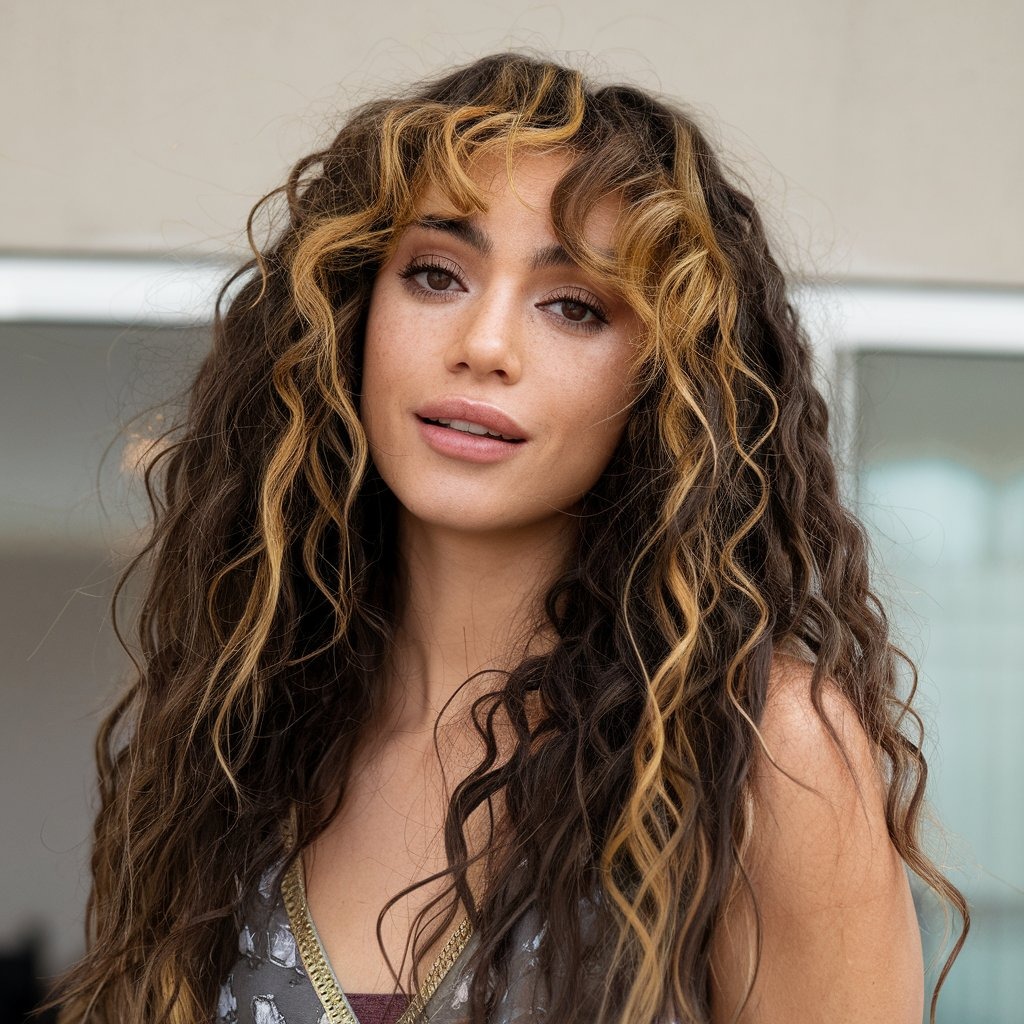 Curly Hair with Golden Wispy Bangs