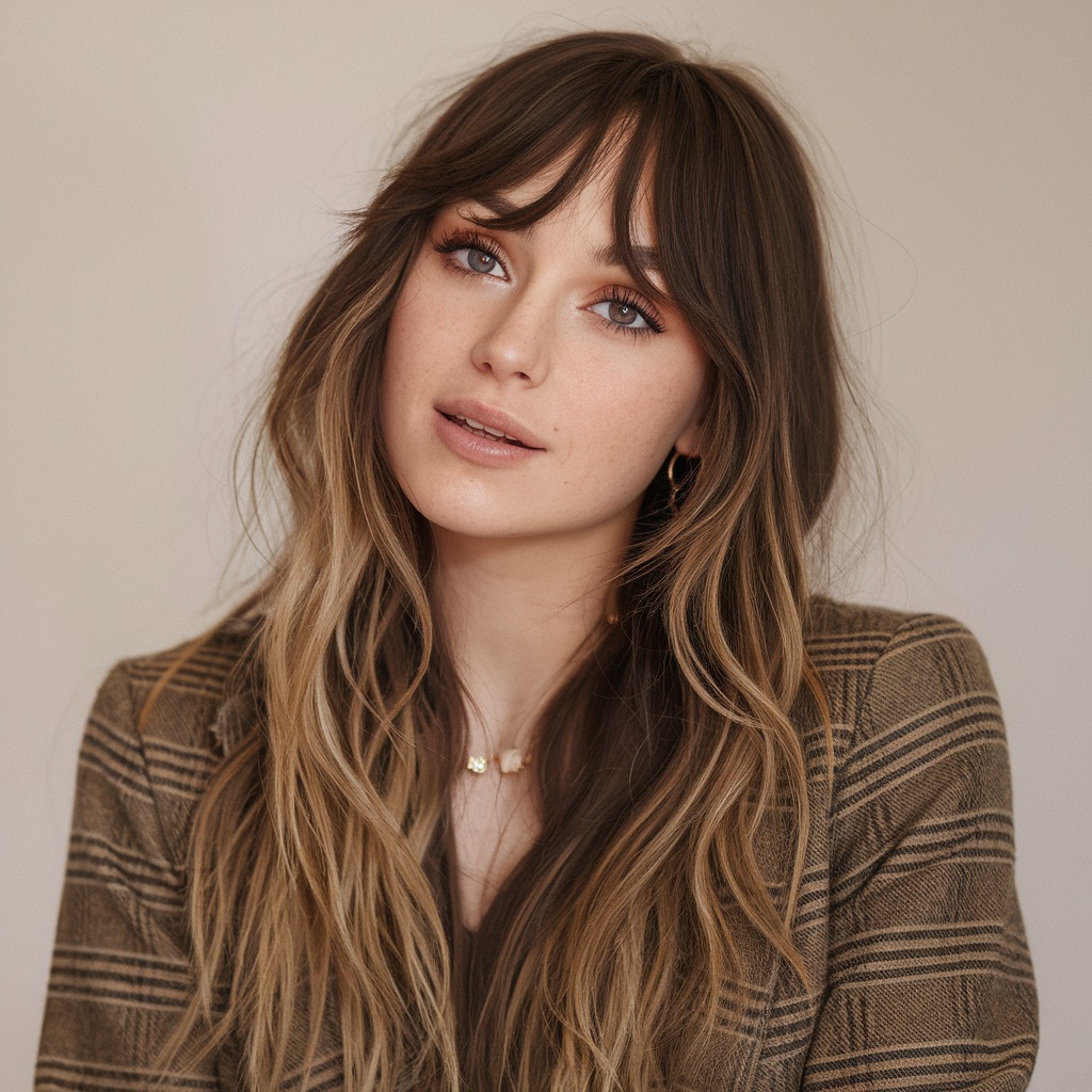 Face-Framing Bangs with Chocolate Brown Loose Waves