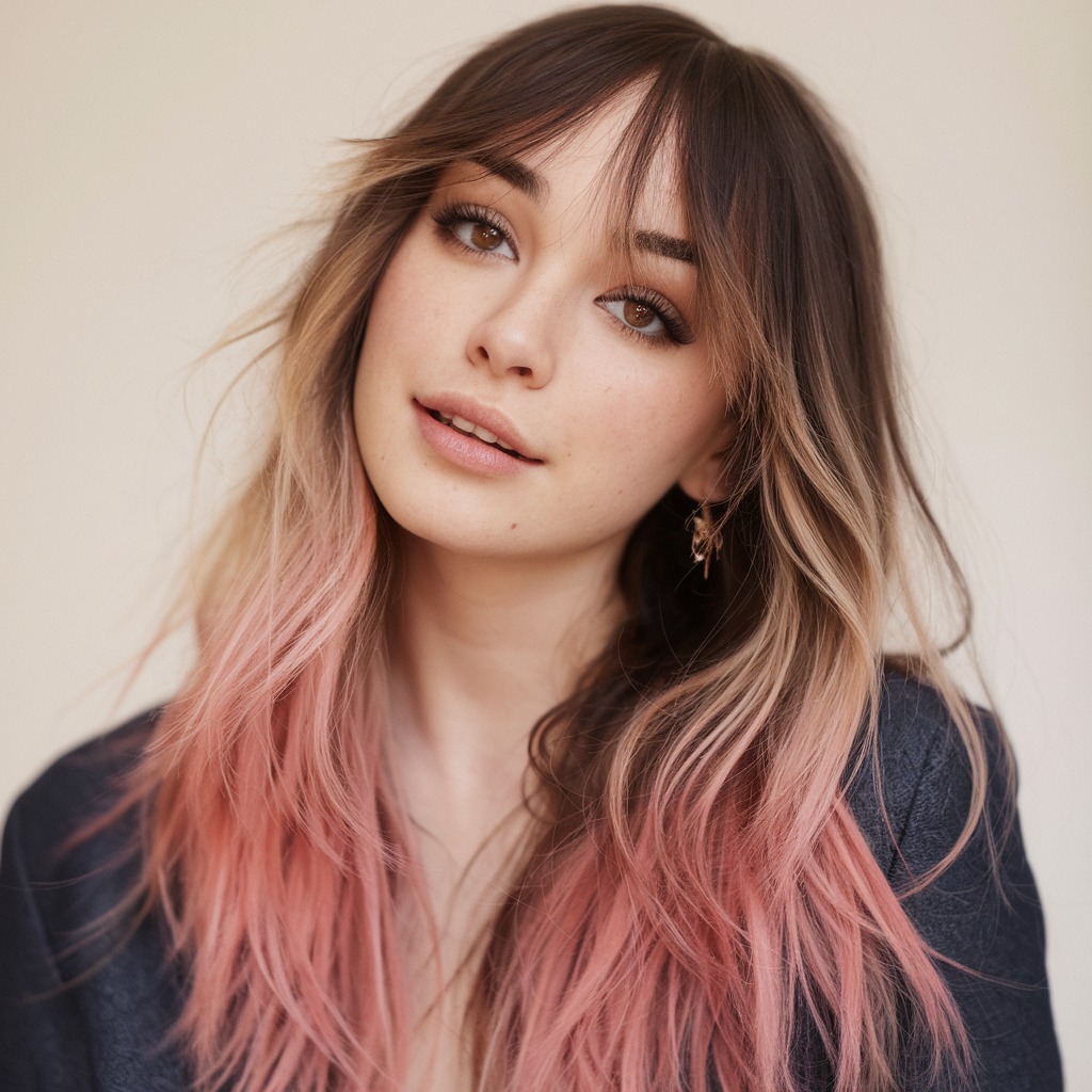 Feathered Bangs with Ombre Pink Ends