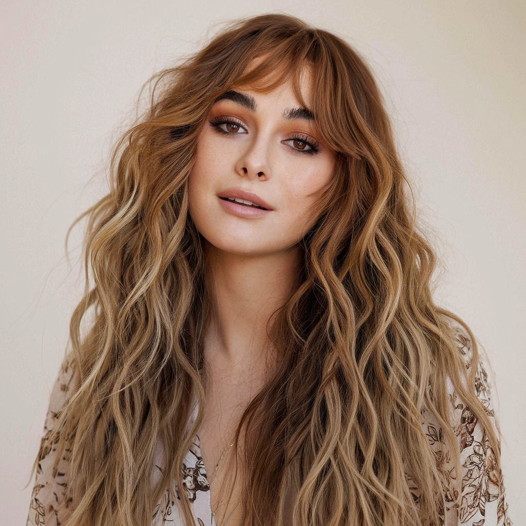 Long Loose Curls with Caramel Balayage Bangs