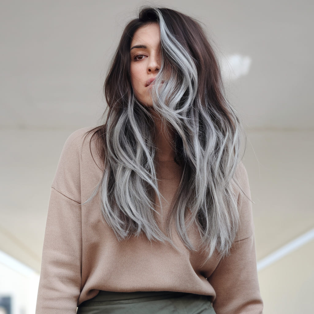 Loose Waves with Silver Highlights and Dark Roots