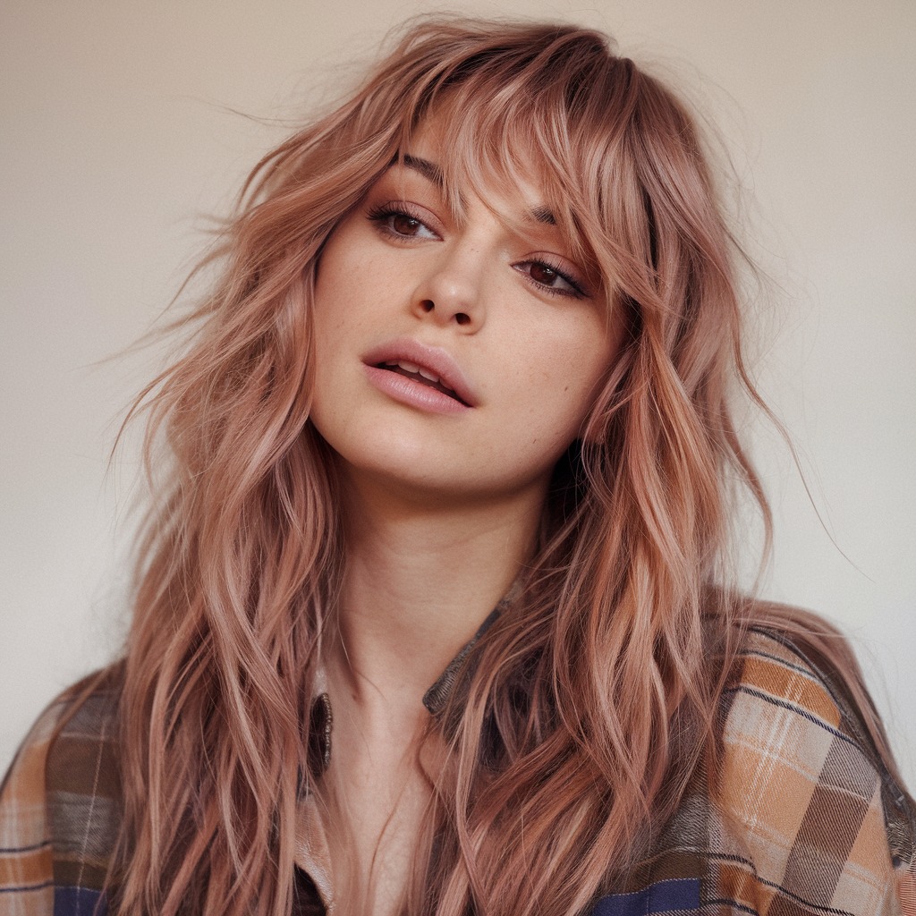 Piecey Bangs with Rose Gold Shaggy Waves