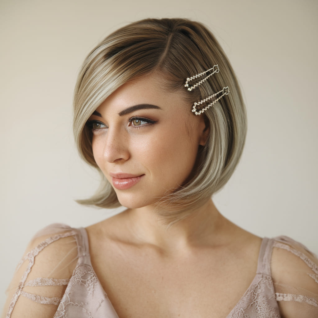 Side Parted Bob with Decorative Bobby Pins