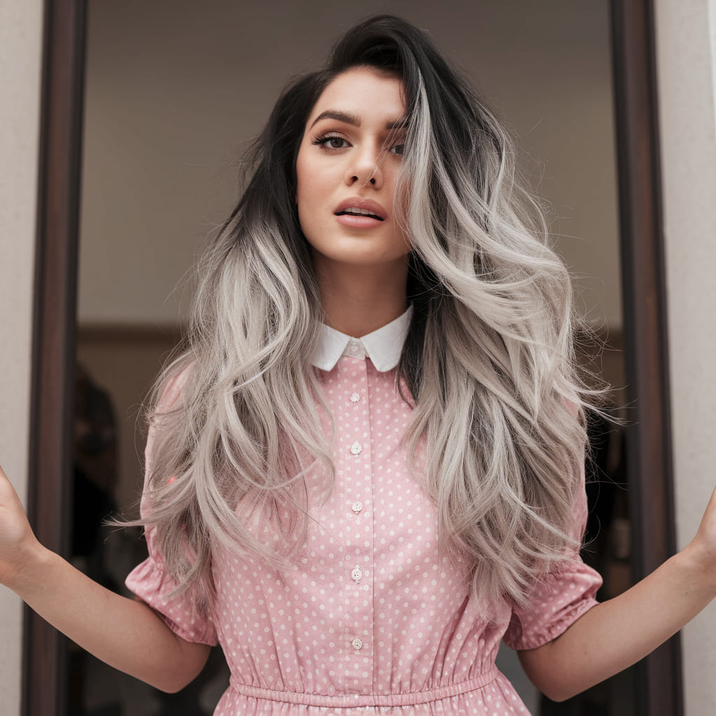 Silver Ombre on Long Loose Curls