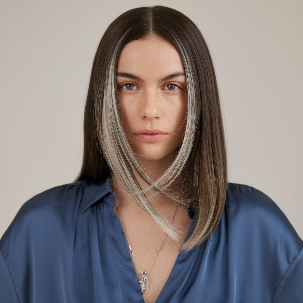 Sleek Straight Hair with Silver Streaks