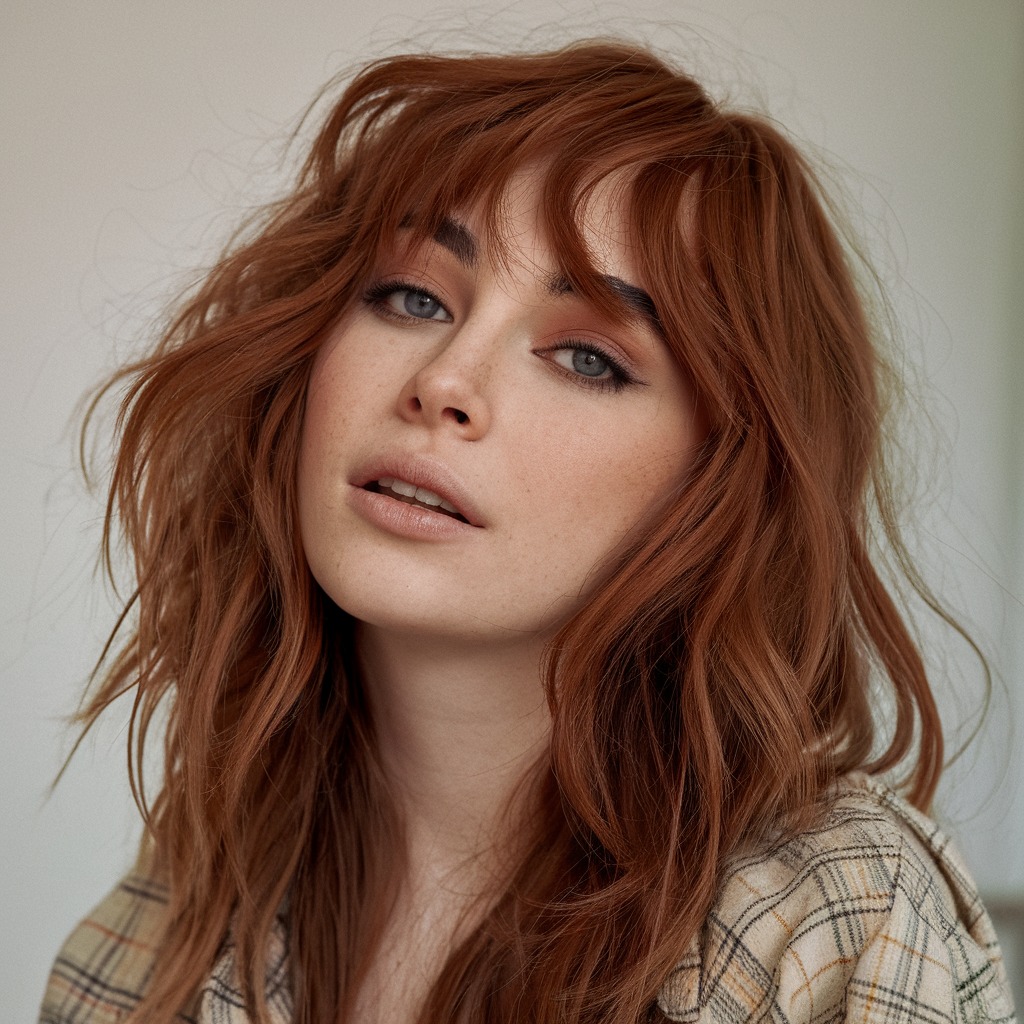 Tousled Waves with Auburn Curtain Bangs