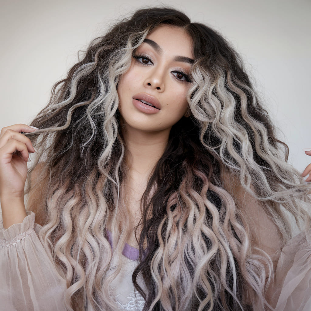 Voluminous Curls with Bold Silver Highlights