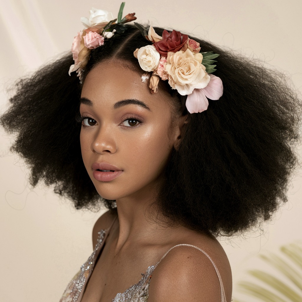 Defined Afro with Flower Clips