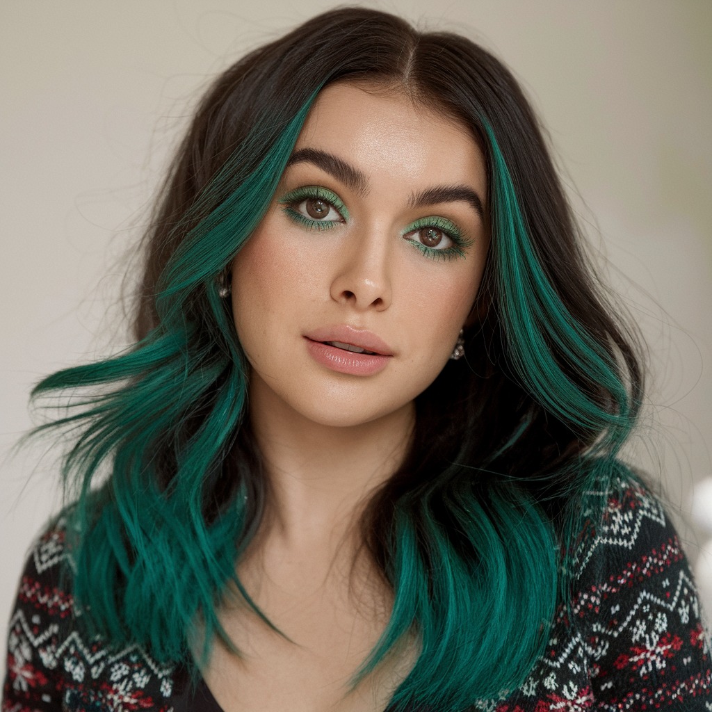 Emerald Green Highlights on Black Hair